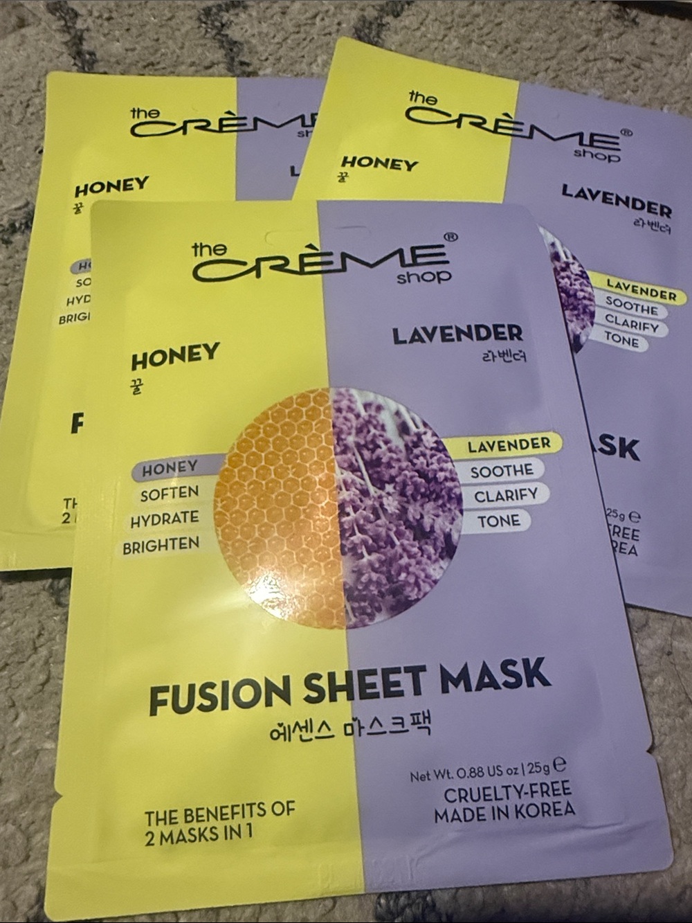 5/$25 The Crème Shop Honey + Lavender Fusion Sheet Mask - set of 3